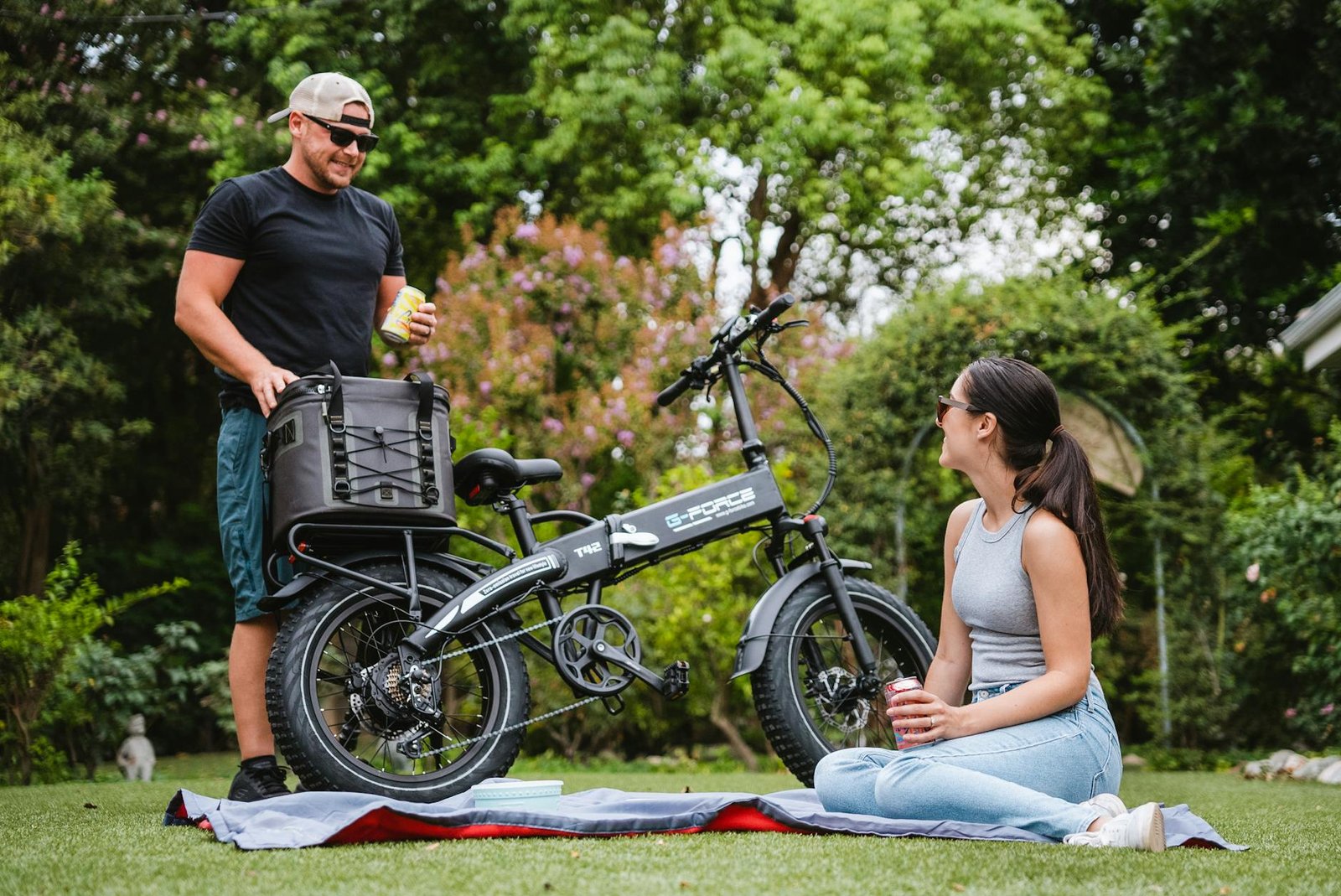 a couple having a picnic with their electric bike